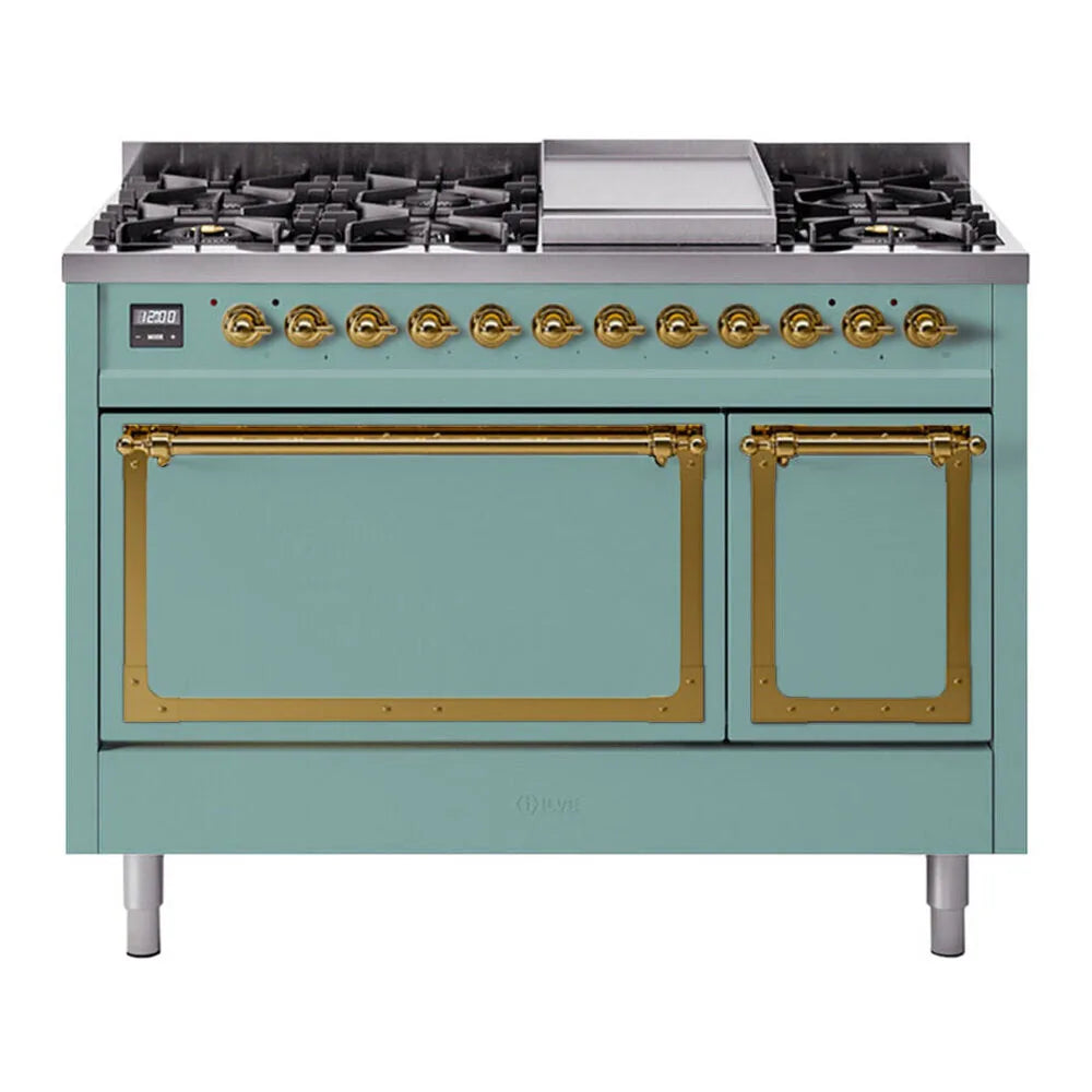 ILVE Nostalgie II Noblesse 48-Inch 5.02 Cu. Ft. Dual Oven Natural Gas Dual Fuel Range with 8 Burners, Griddle and Solid Door in Mediterranean Mint with Brass Trim, front view