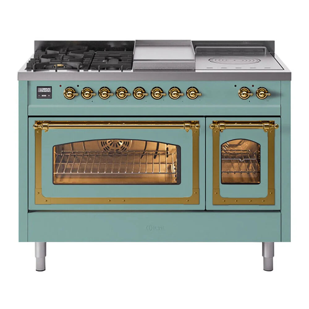 ILVE Nostalgie II Noblesse 48-Inch 5.02 Cu. Ft. Dual Oven Propane Gas Dual Fuel Range with 5 Burners, Griddle, French Top and Triple Glass Door in Mediterranean Mint with Brass Trim, front view