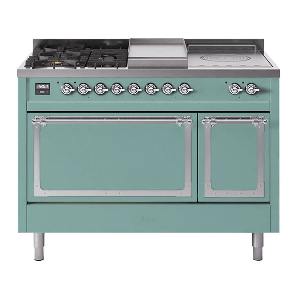 ILVE Nostalgie II Noblesse 48-Inch 5.02 Cu. Ft. Dual Oven Propane Gas Dual Fuel Range with 5 Burners, Griddle, French Top and Solid Door in Mediterranean Mint with Chrome Trim, front view