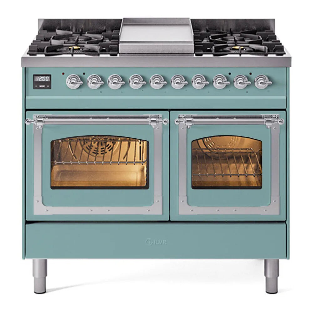 ILVE Nostalgie II Noblesse 40-Inch 4.3 Cu. Ft. Dual Oven Natural Gas Dual Fuel Range with 6 Burners, Griddle and Triple Glass Door in Mediterranean Mint with Chrome Trim, front view