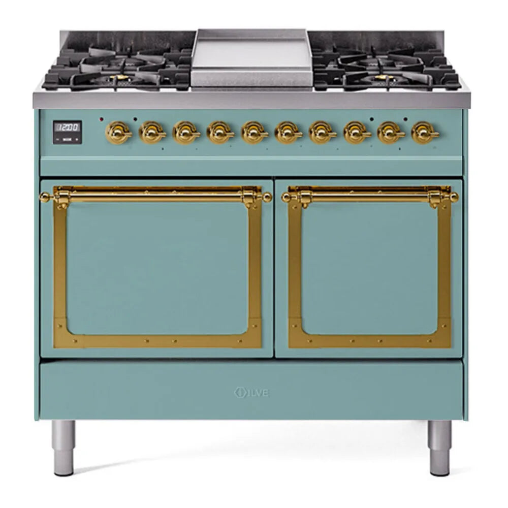 ILVE Nostalgie II Noblesse 40-Inch 4.3 Cu. Ft. Dual Oven Natural Gas Dual Fuel Range with 6 Burners, Griddle and Solid Door in Mediterranean Mint with Brass Trim, front view