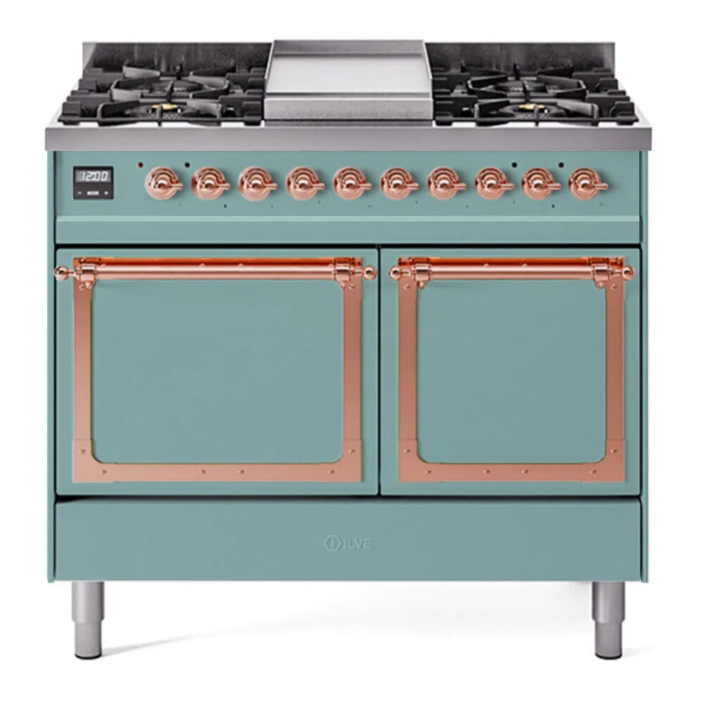 ILVE Nostalgie II Noblesse 40-Inch 4.3 Cu. Ft. Dual Oven Natural Gas Dual Fuel Range with 6 Burners, Griddle and Solid Door in Mediterranean Mint with Copper Trim, front view