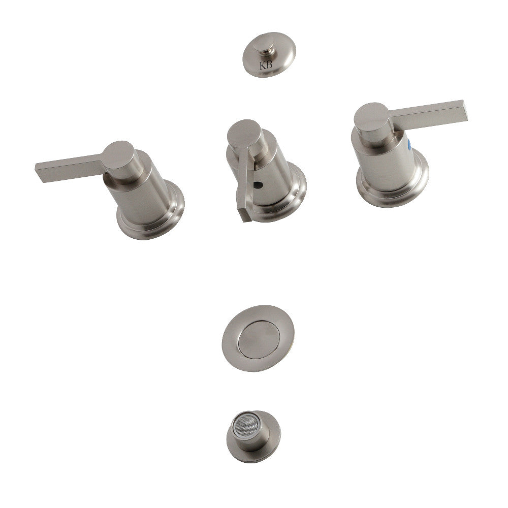 Brushed nickel three-handle bidet faucet set with pop-up drain and matching escutcheon