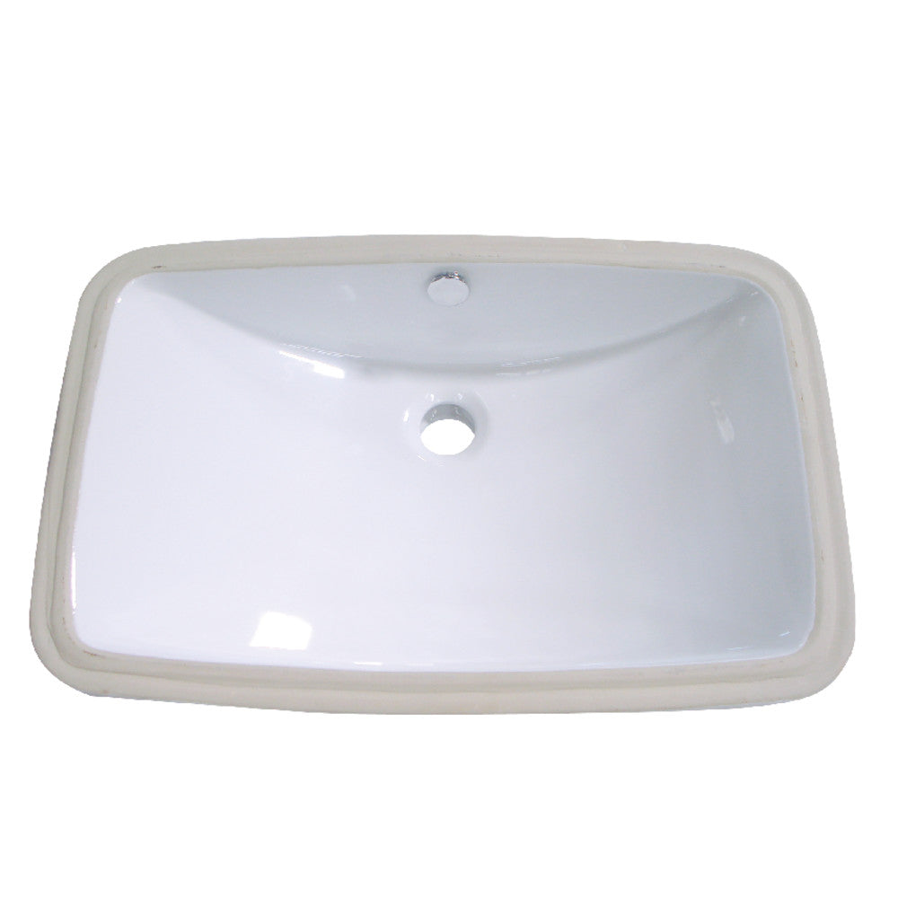 White ceramic rectangular undermount bathroom sink with drain and overflow holes