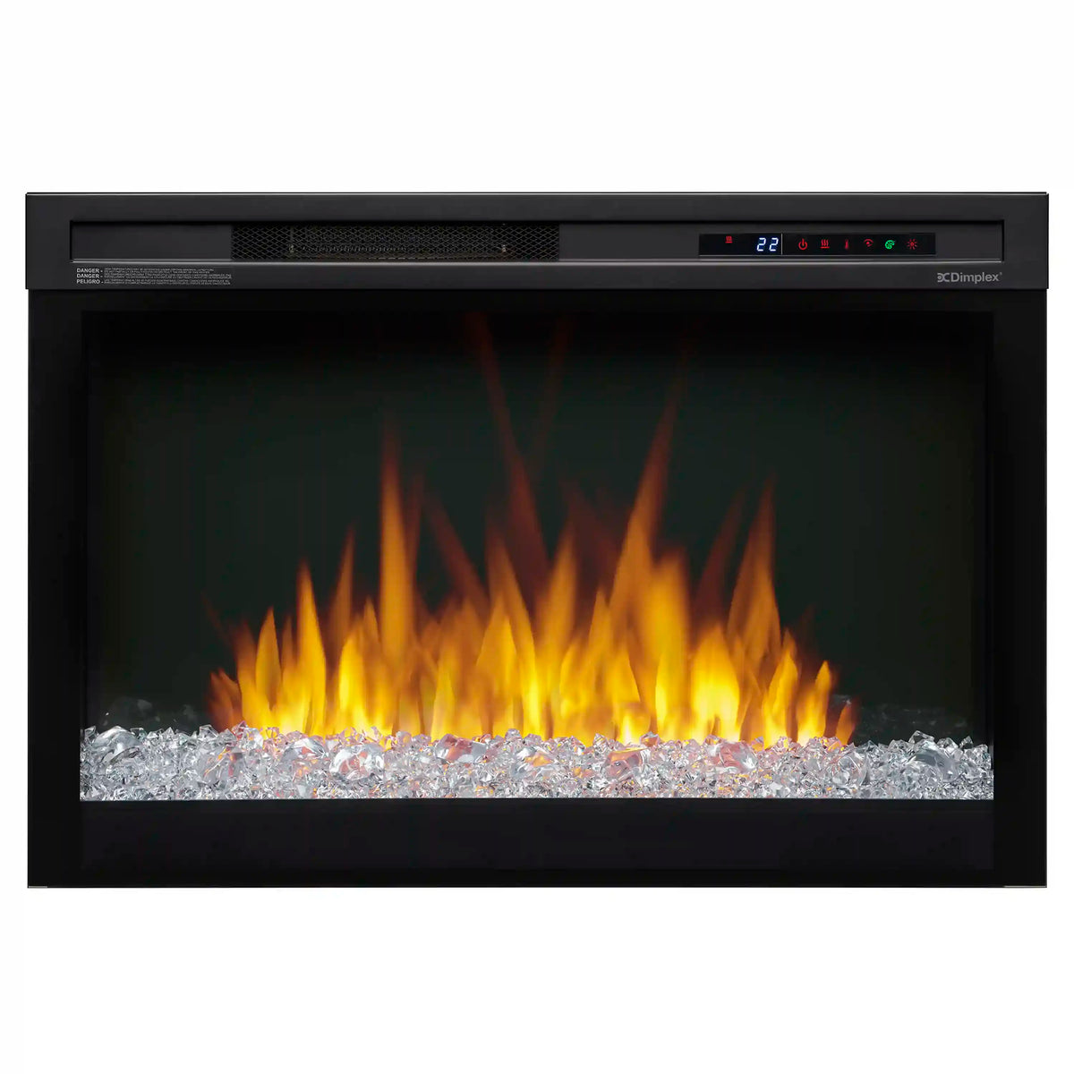 Front view electric firebox with flames and silver crystal ember bed behind glass