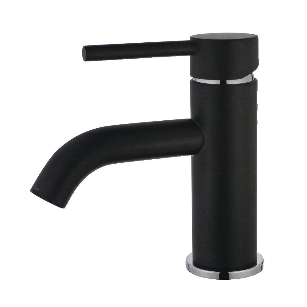Matte black single-hole bathroom faucet with pull lever and curved spout