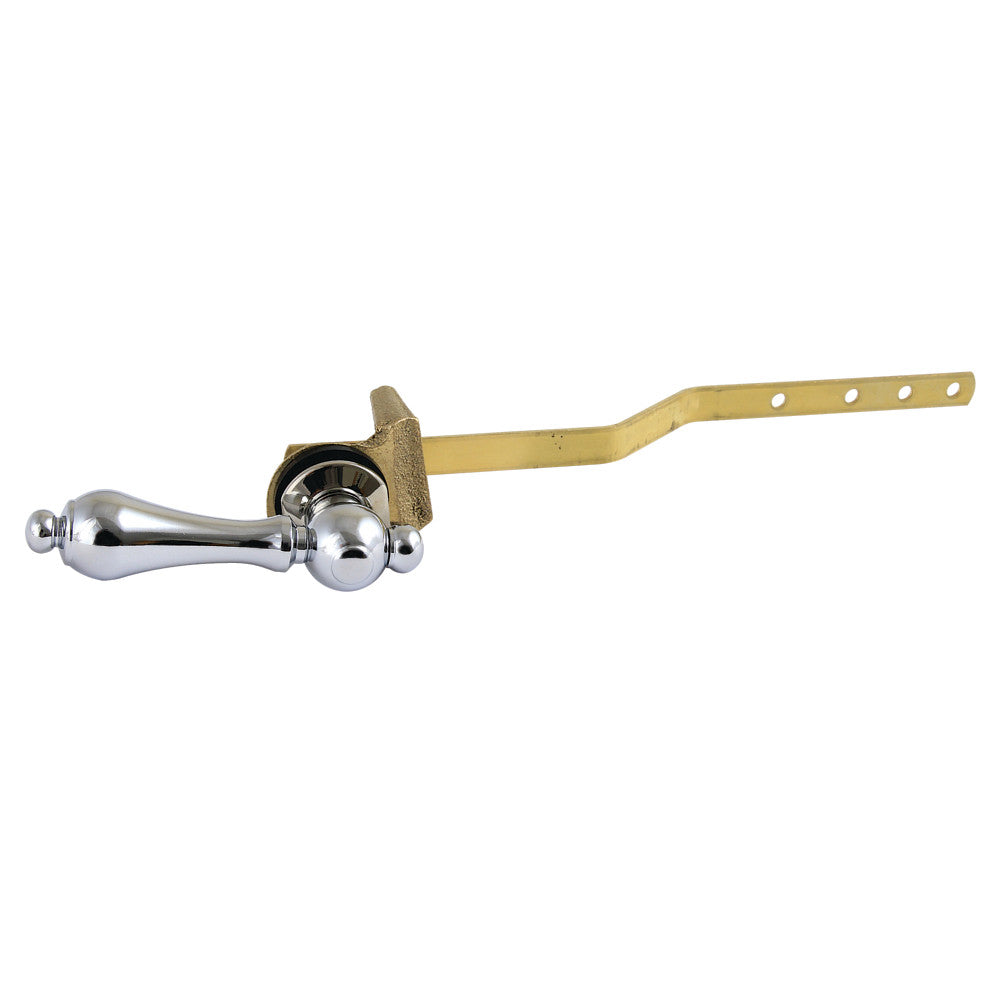 Polished chrome front-mount toilet tank lever with mounting bracket and rod