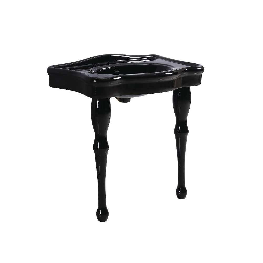 Black glossy ceramic console sink with pedestal legs, single basin, 3 faucet holes
