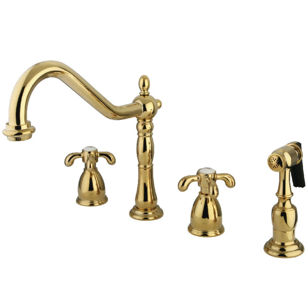 Polished brass kitchen faucet with widespread handles and side sprayer