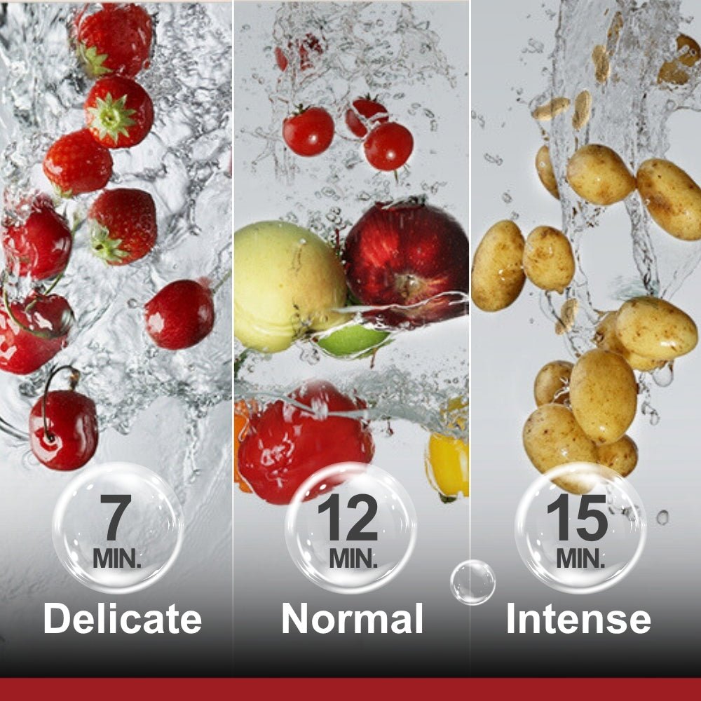 In-sink dishwasher wash program graphic showing delicate, normal, and intense settings