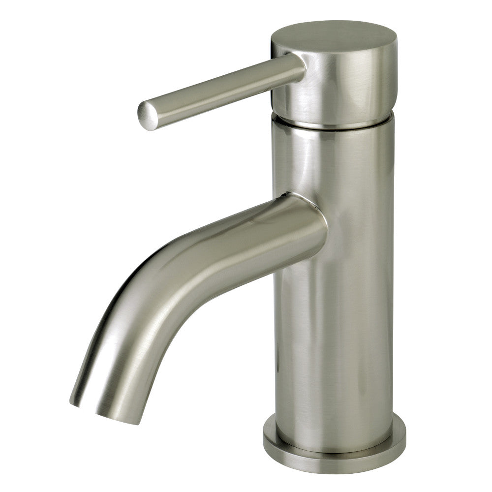 Brushed nickel single-hole bathroom faucet with lever handle and curved spout