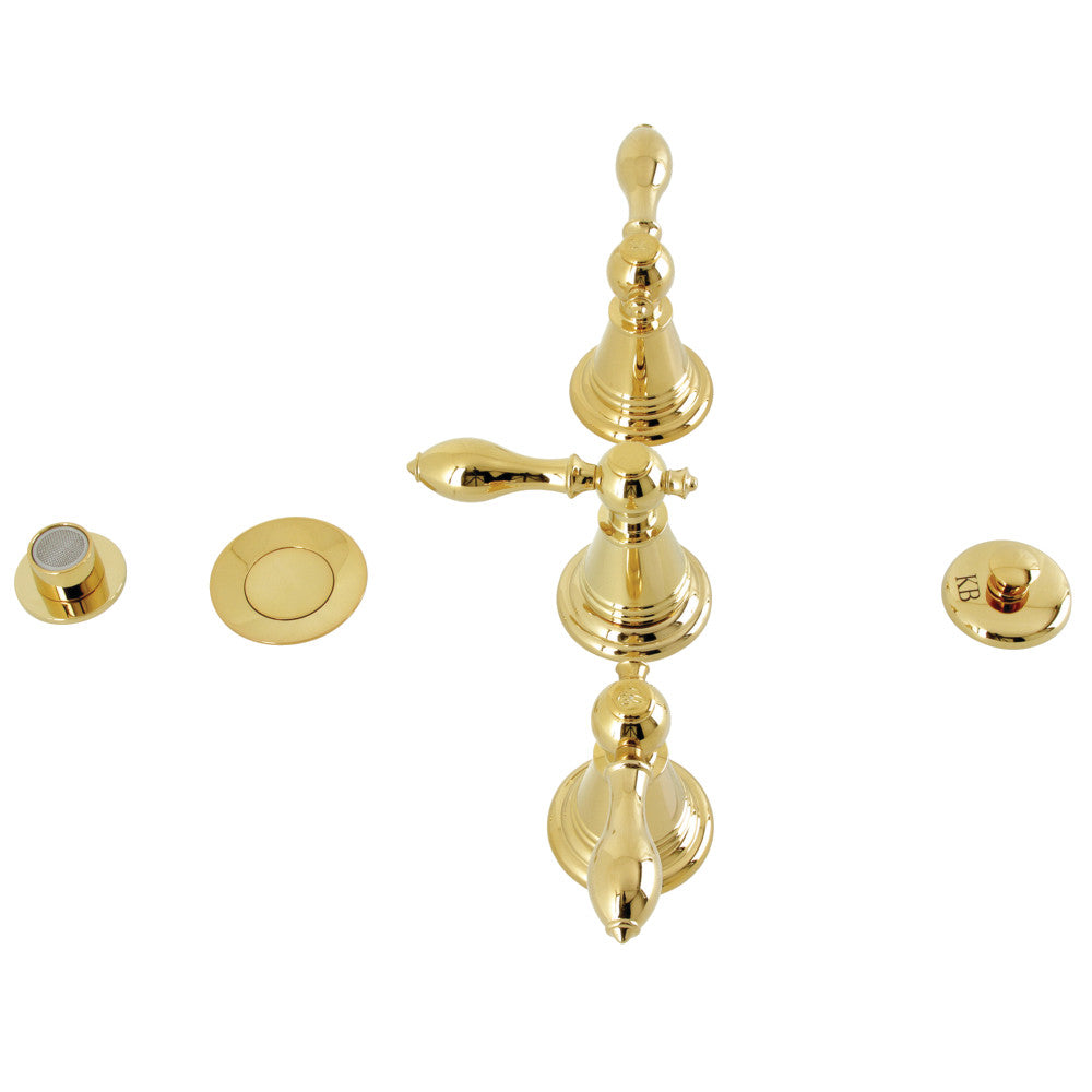 Three-handle bidet faucet set with polished brass pop-up and mounting parts