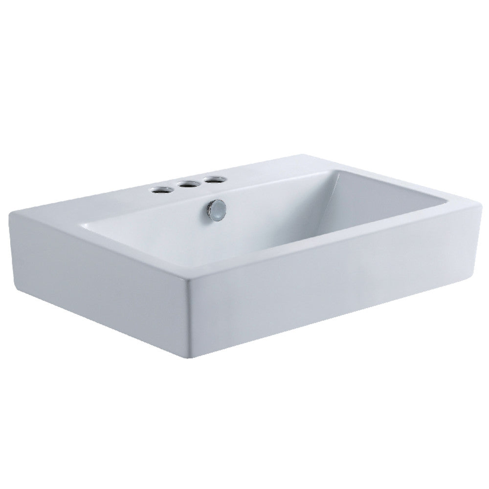 White rectangular ceramic semi-recessed sink with 3 faucet holes