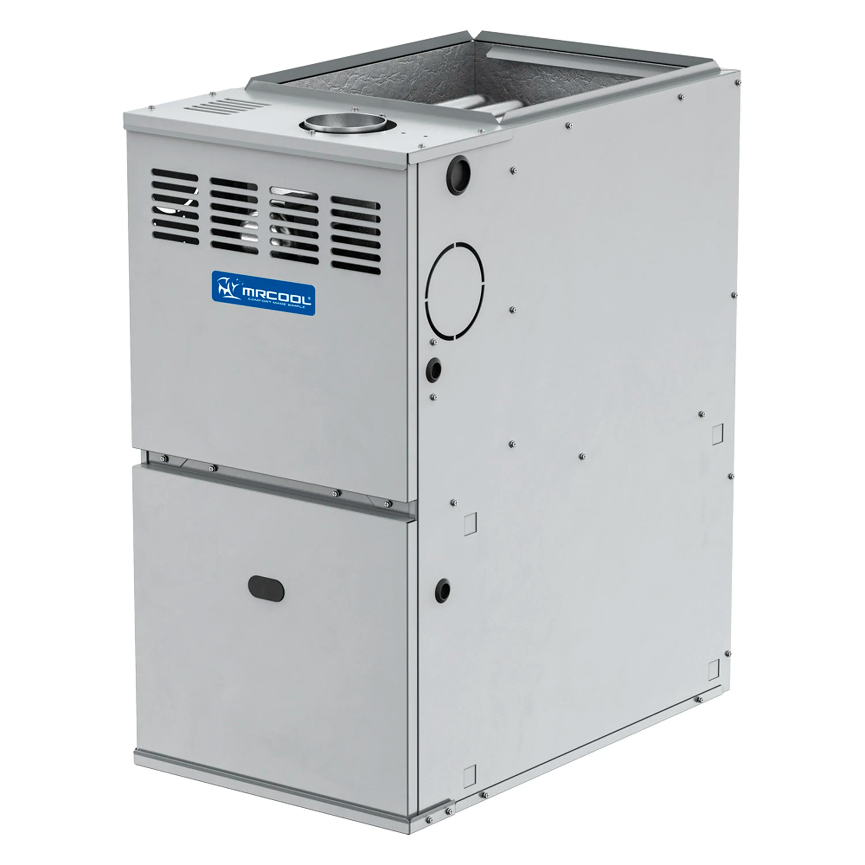 MRCOOL packaged heat pump, white outdoor unit with side vents and top fan opening