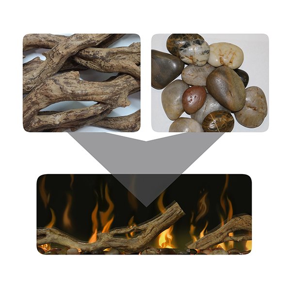 Driftwood logs and river rock stones accessory set for linear fireplace insert