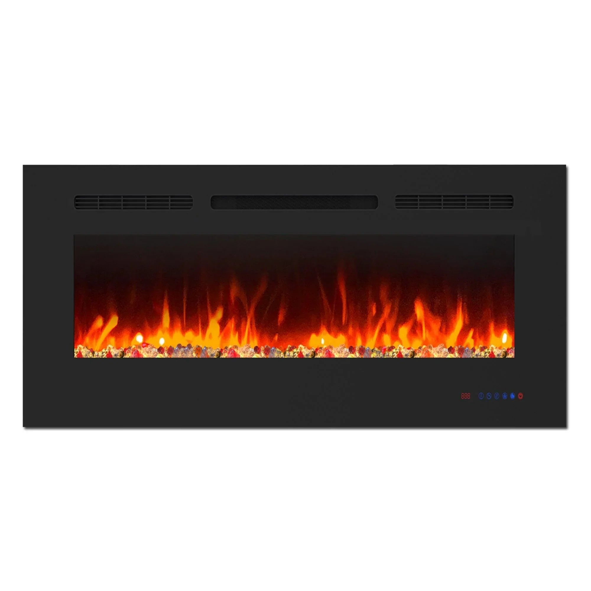 Parrot Uncle electric fireplace, black front panel with glowing orange flame effect