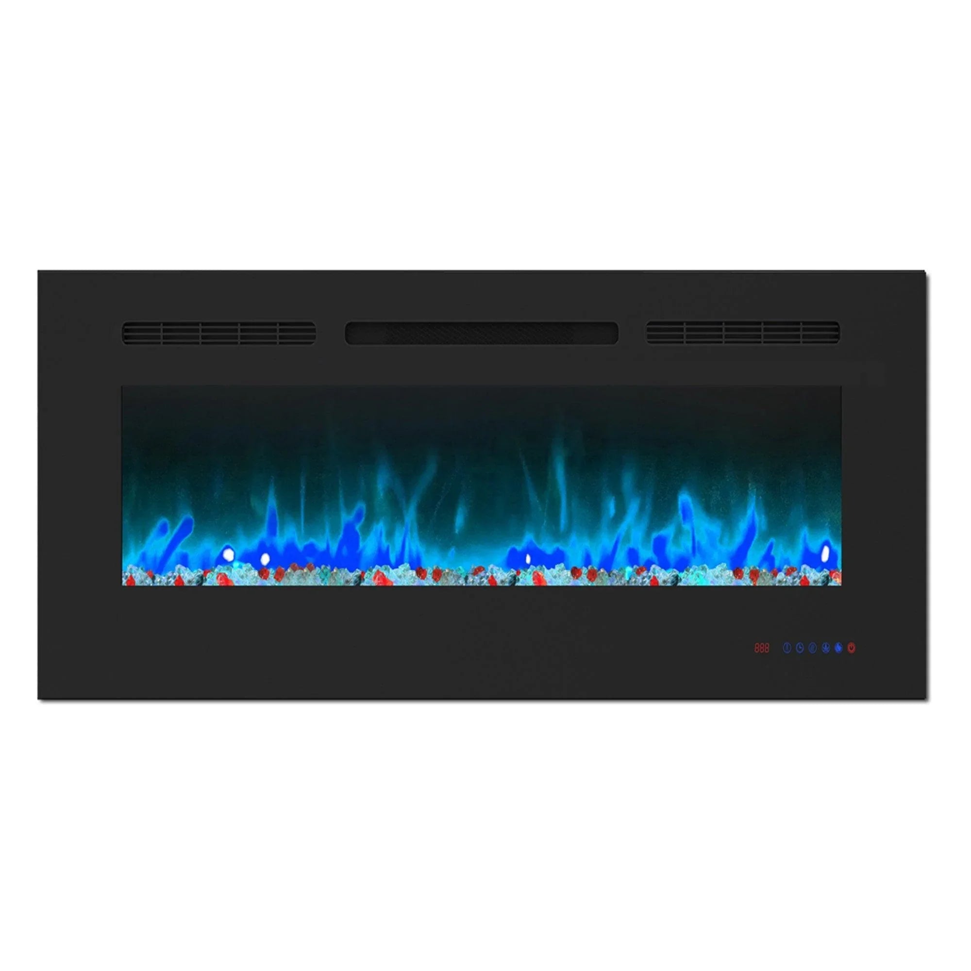 Black electric fireplace insert with turquoise-blue flame effect and glowing ember accents