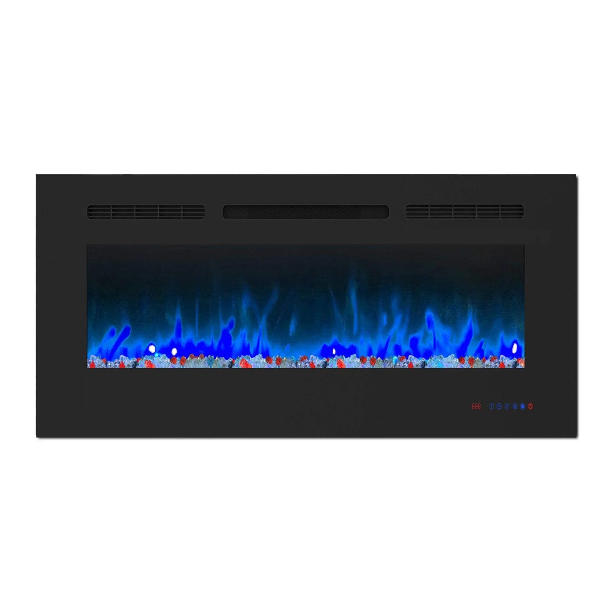 Black electric fireplace insert with blue flame effect across the log-style ember bed