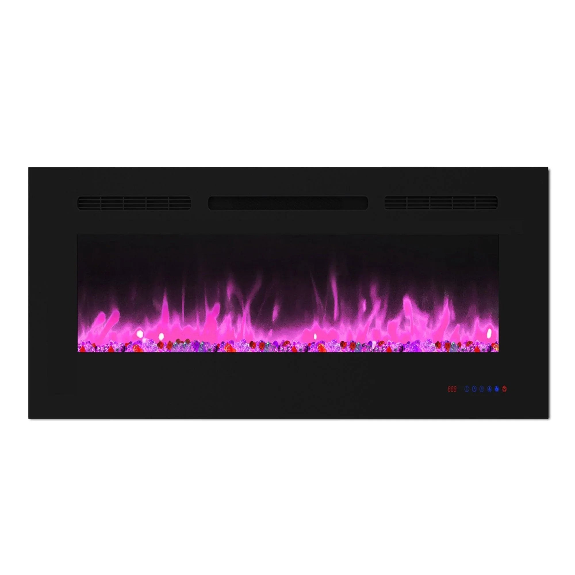 Black electric fireplace insert with pink-purple flame effect and front touch-control lights