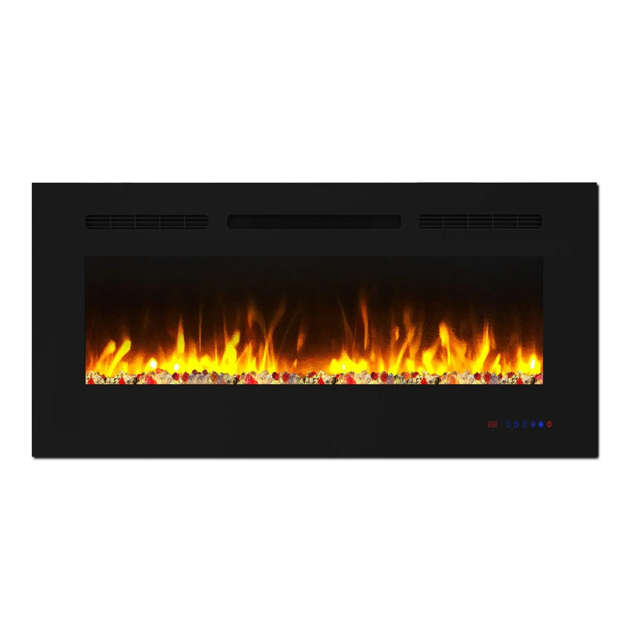 Black electric fireplace with orange flame effect, wall panel and ember bed