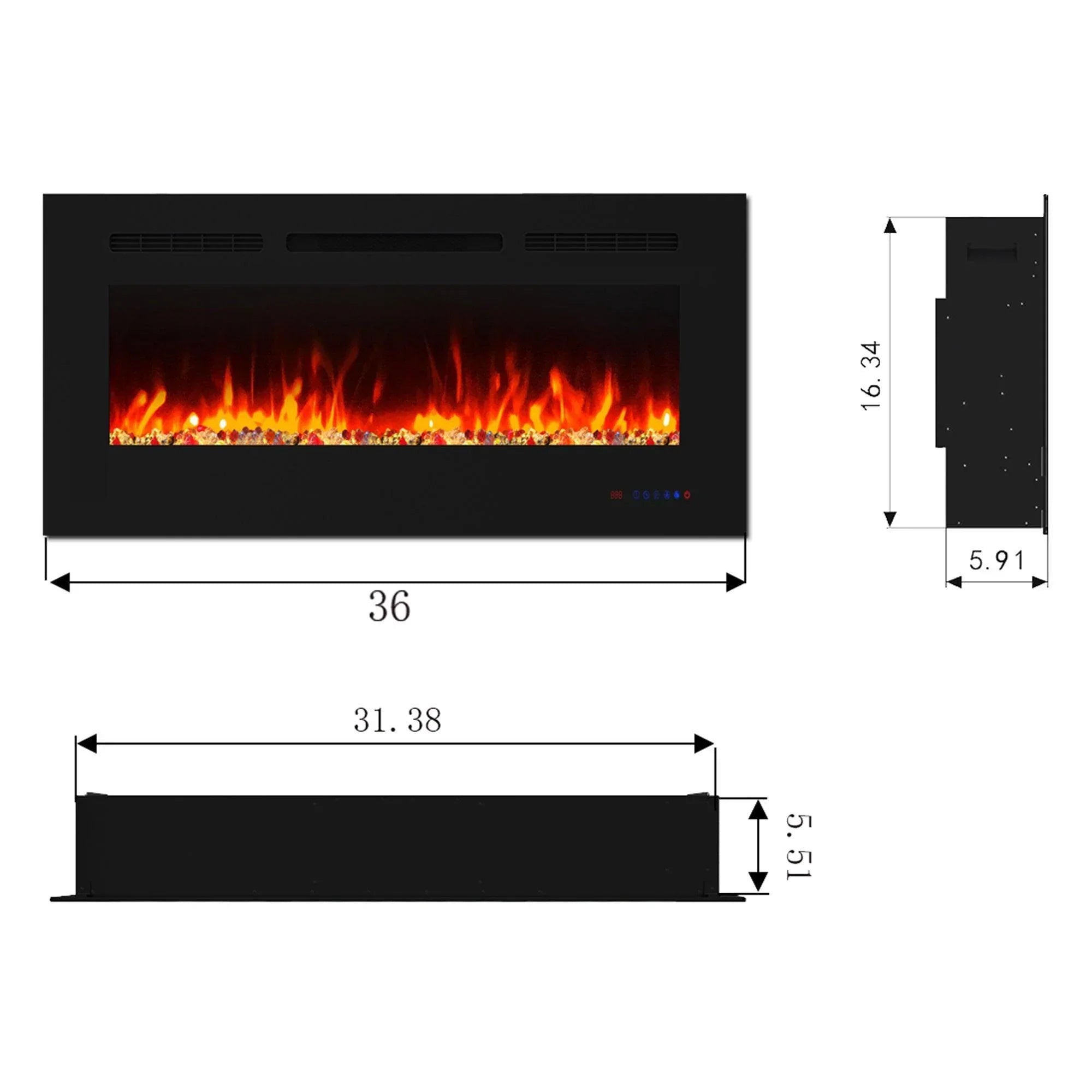 Black electric fireplace wall-mount dimensions, front view and side panel sketch