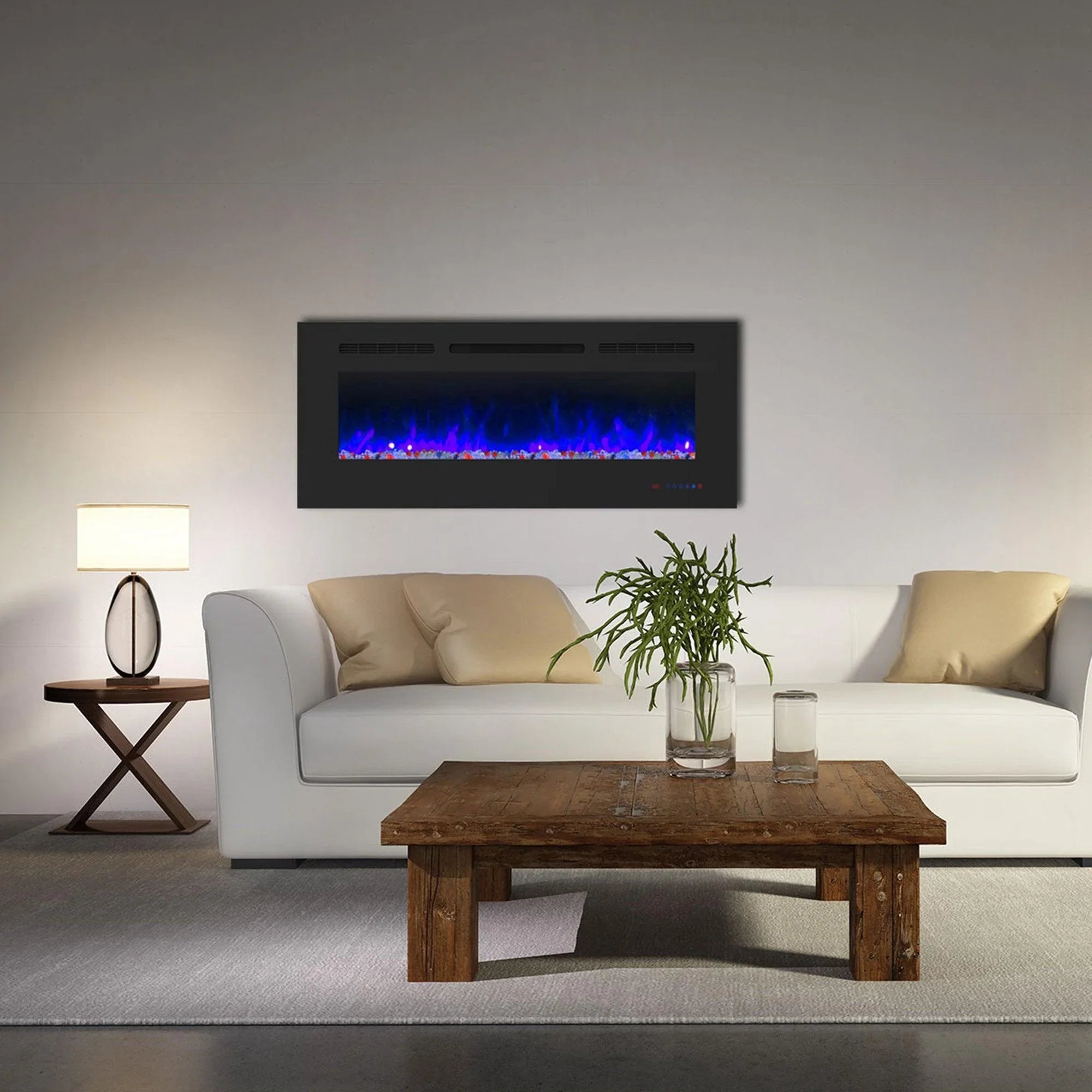 Black wall-mount electric fireplace with blue-purple flame effect in front window