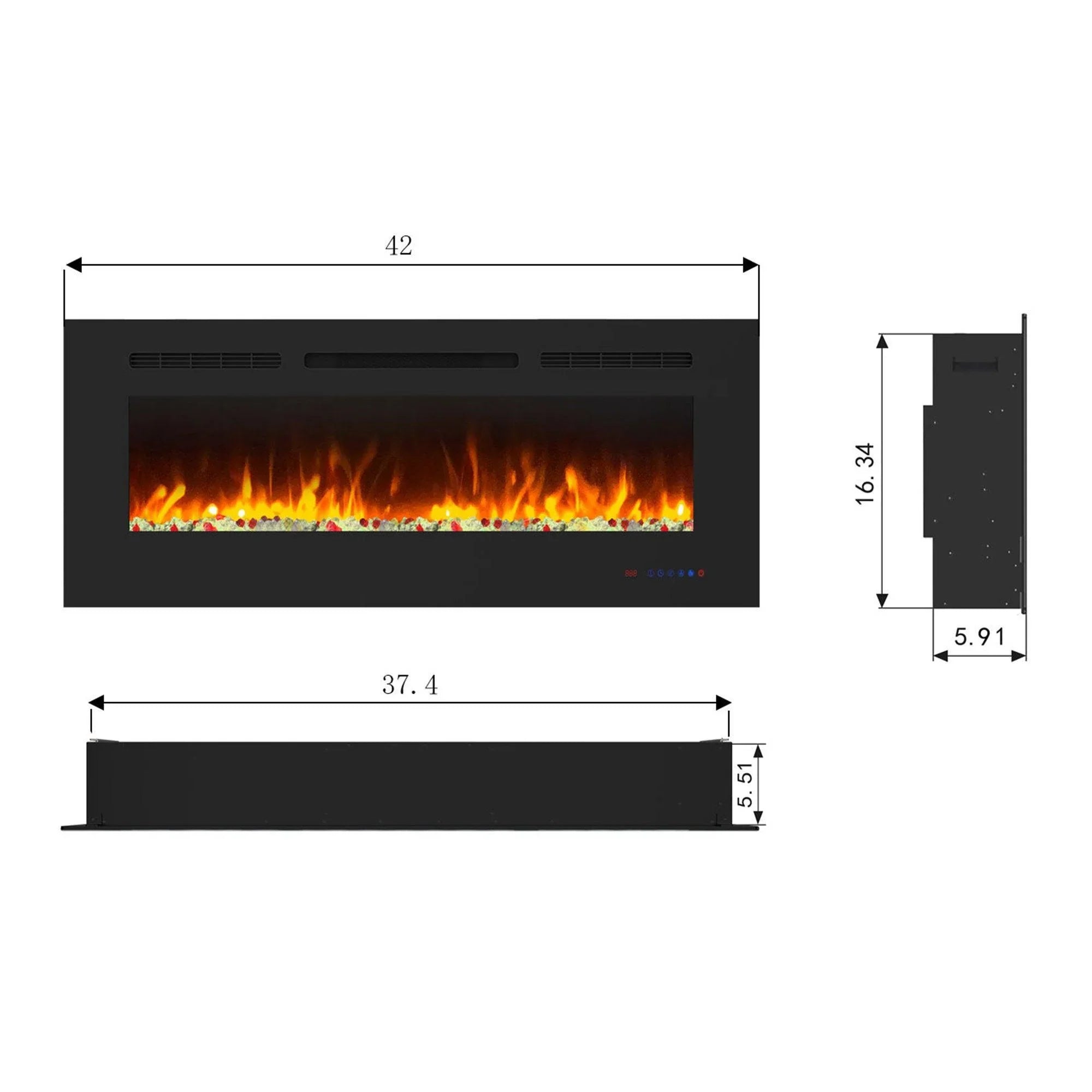 Black wall-mount electric fireplace with orange flame display, shown with size diagram