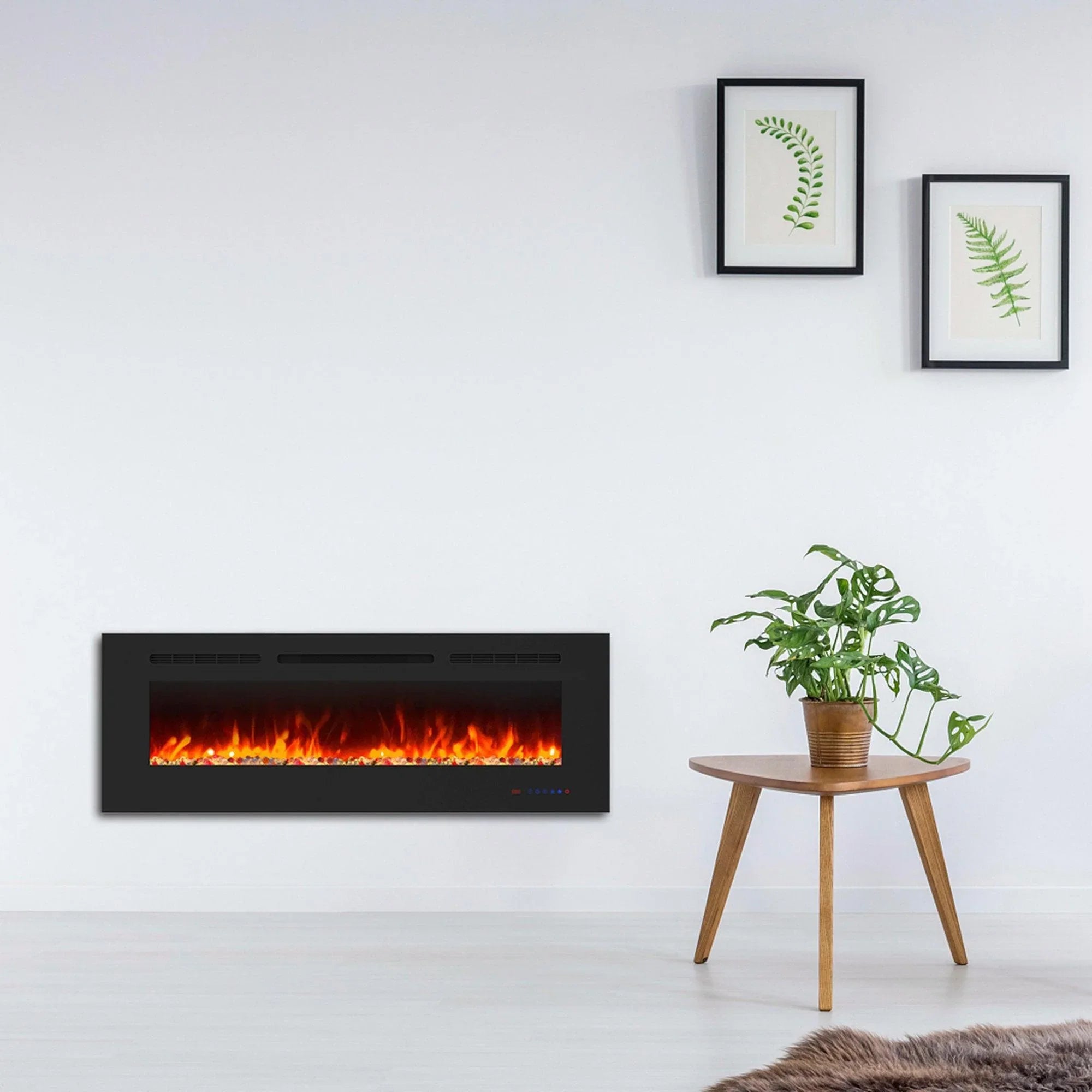 Black wall-mount electric fireplace with orange flame effect and rectangular front panel