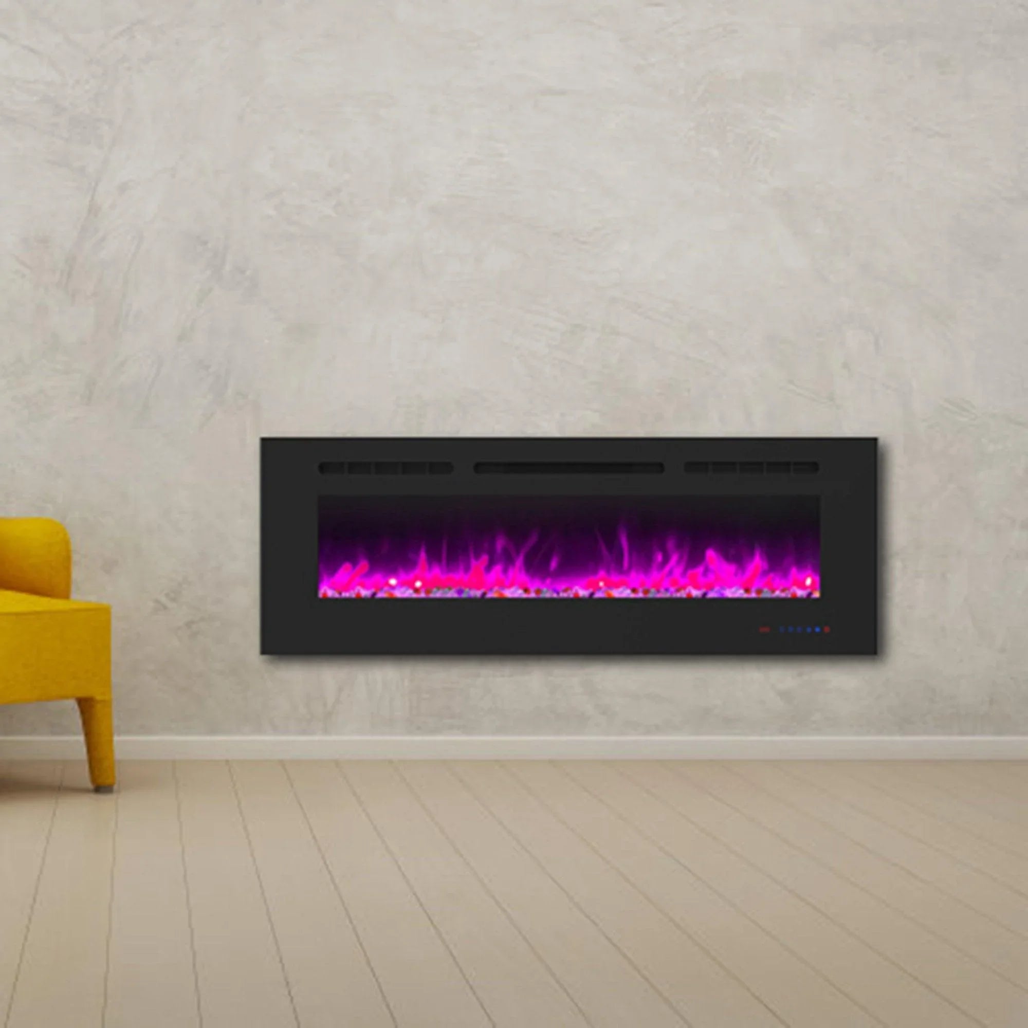 Black wall-mount electric fireplace with purple flame effect in front viewing window