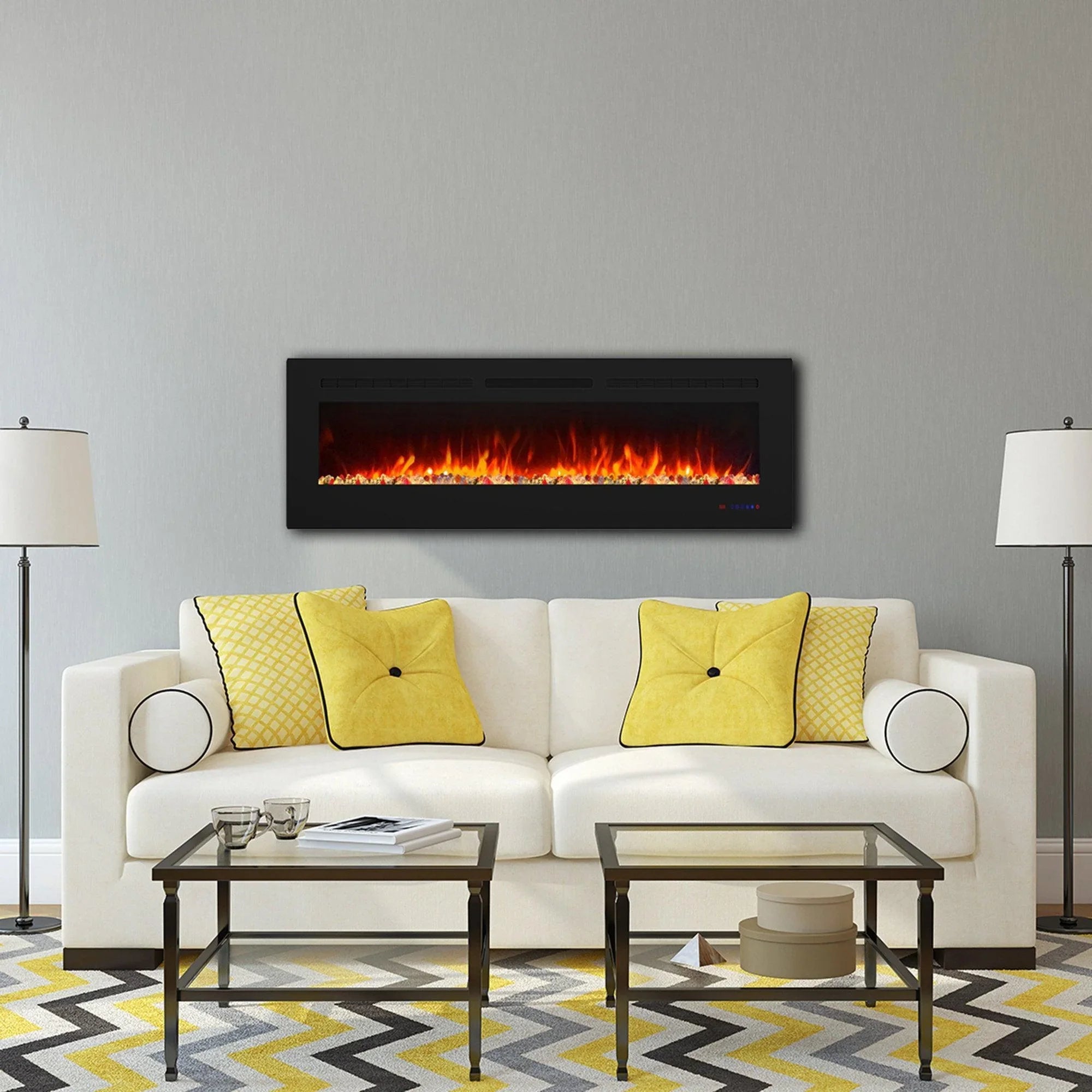 Black wall-mount electric fireplace with orange flame effect in front viewing window