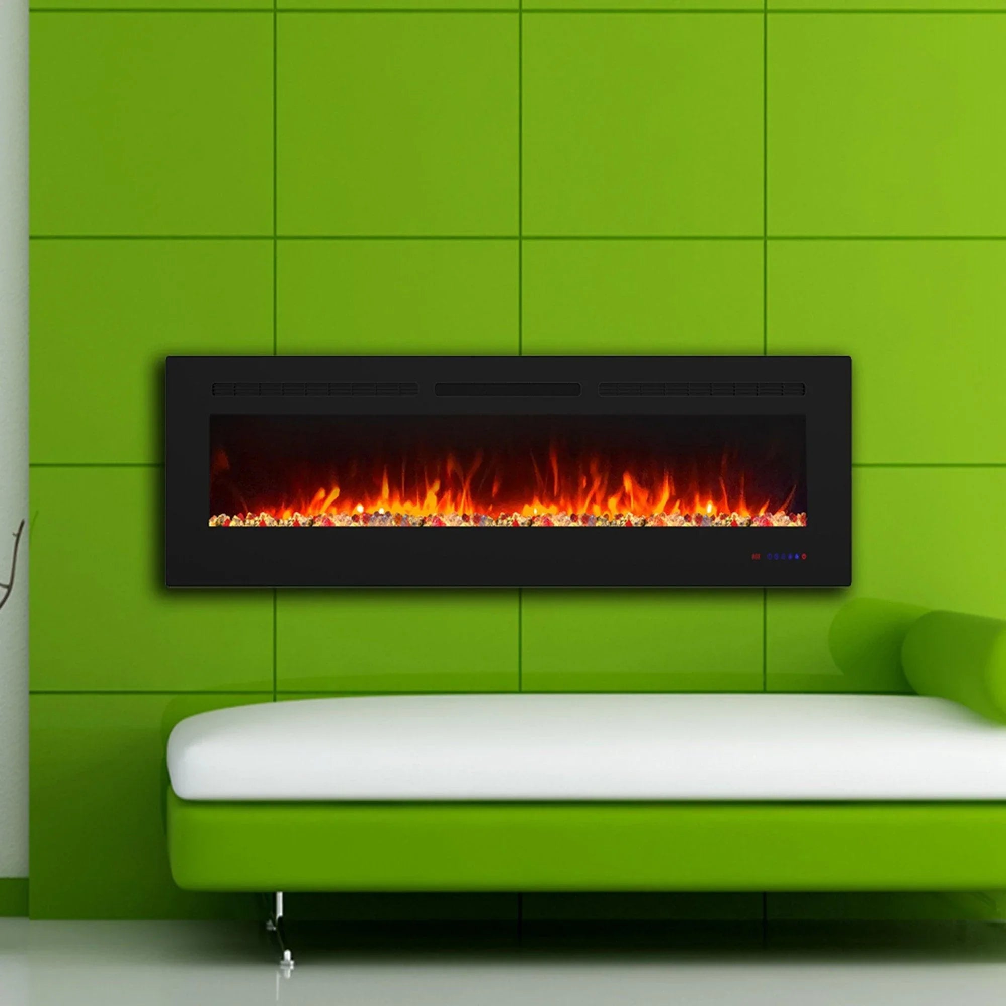 Parrot Uncle electric fireplace insert, black frame with red-orange flame display