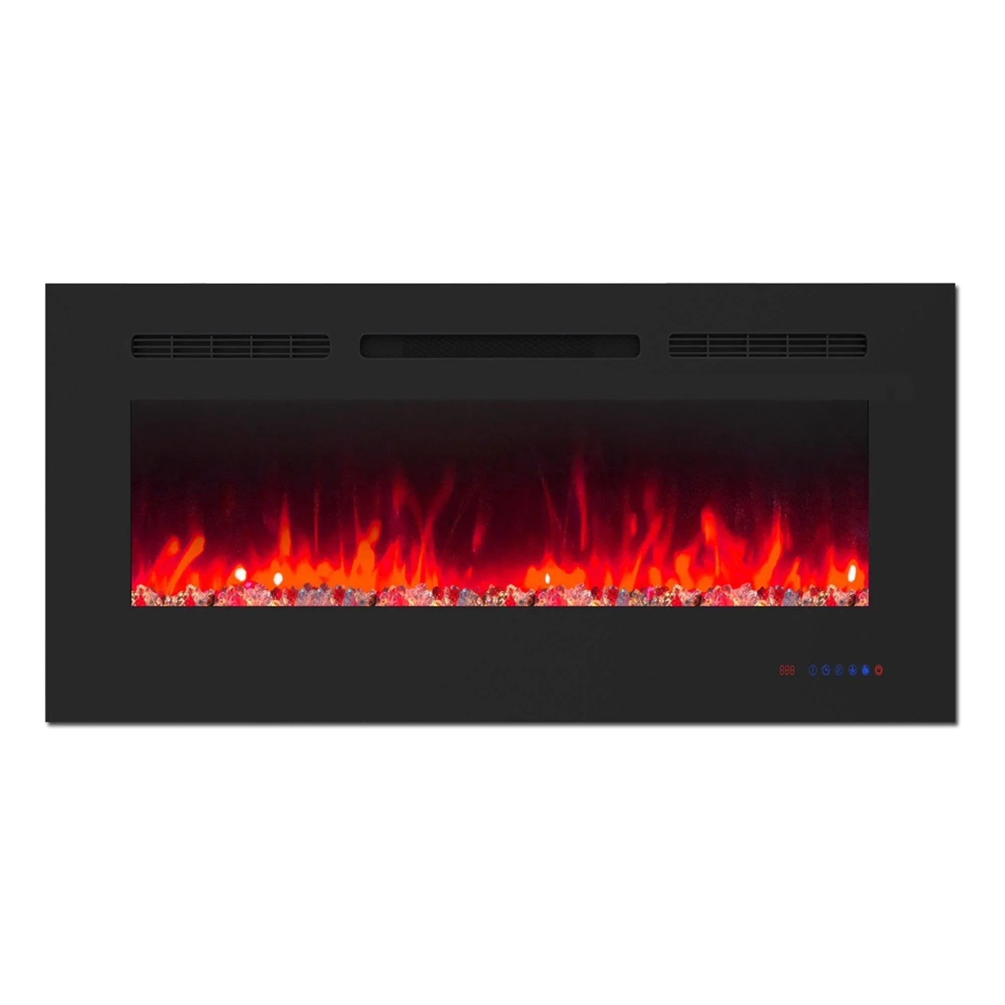 Black electric fireplace insert with glowing red flame effect and front control panel