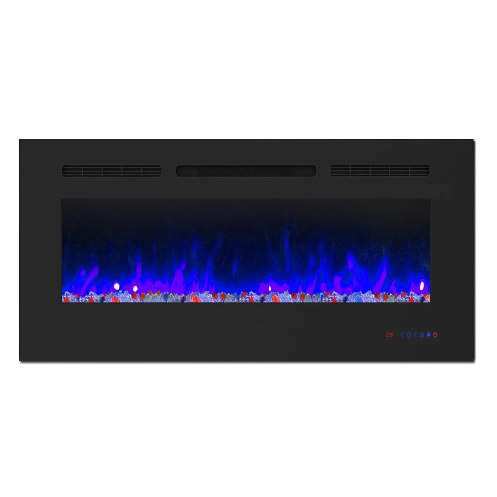 Black electric fireplace insert with blue flame effect, front vents, and control panel