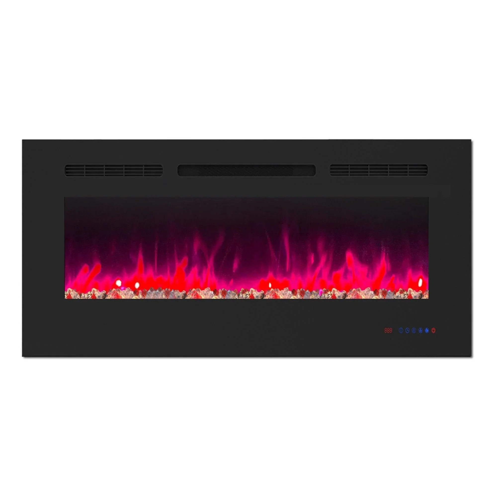 Black electric fireplace insert showing bright red-orange flame pattern and ember bed