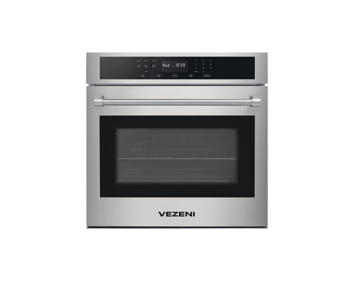 VEZENI stainless steel wall oven with dark glass door and top control display