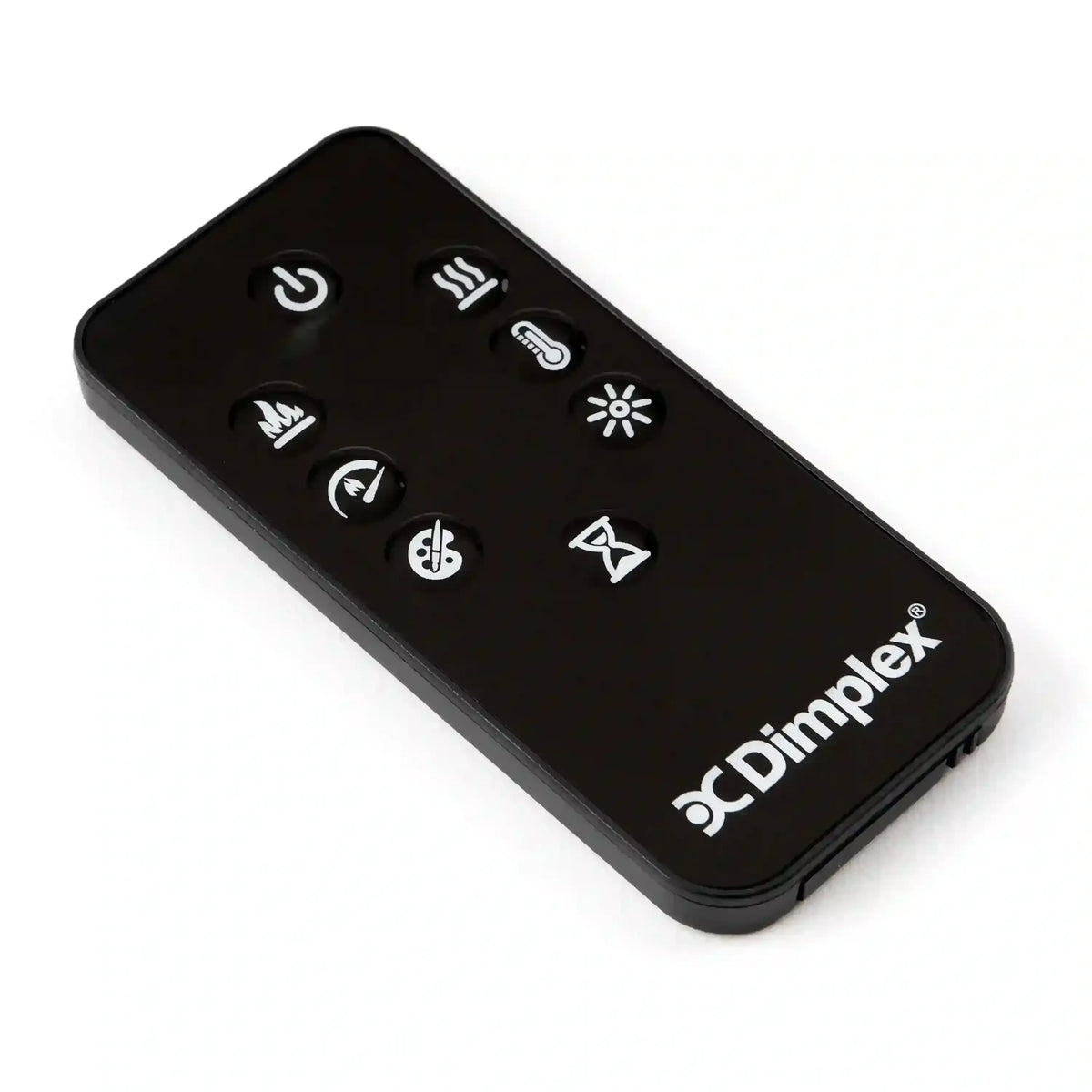 Black Dimplex remote control with buttons for flame, heater, fan, and timer functions