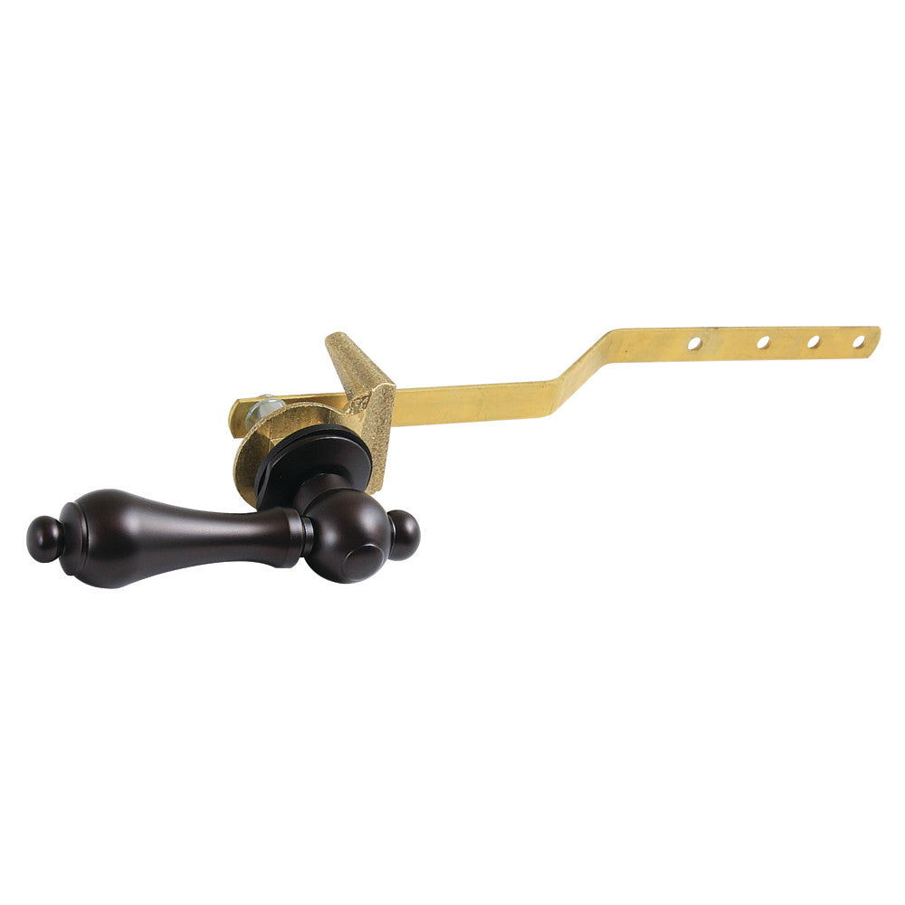 Oil-rubbed bronze toilet tank lever with metal mounting bracket and screw holes