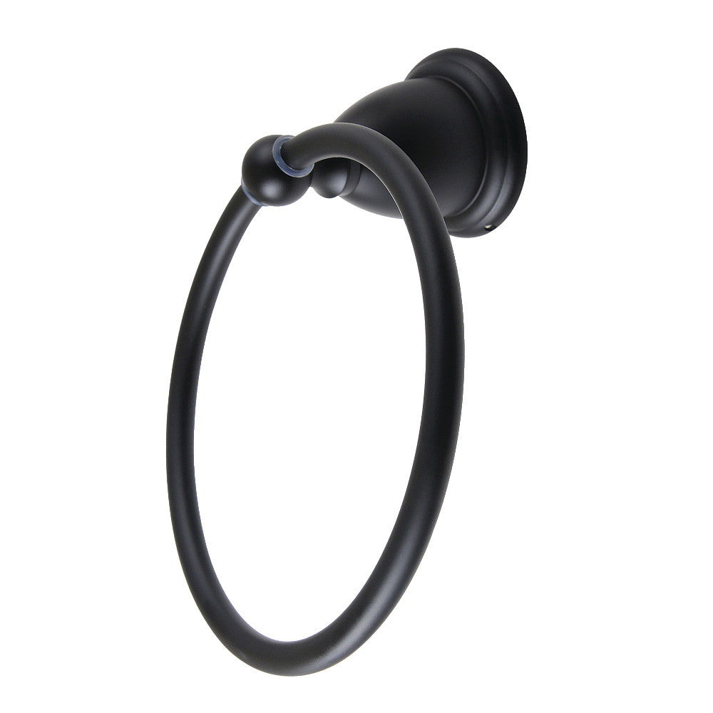 Matte black towel ring with round wall mount and oval hanging loop