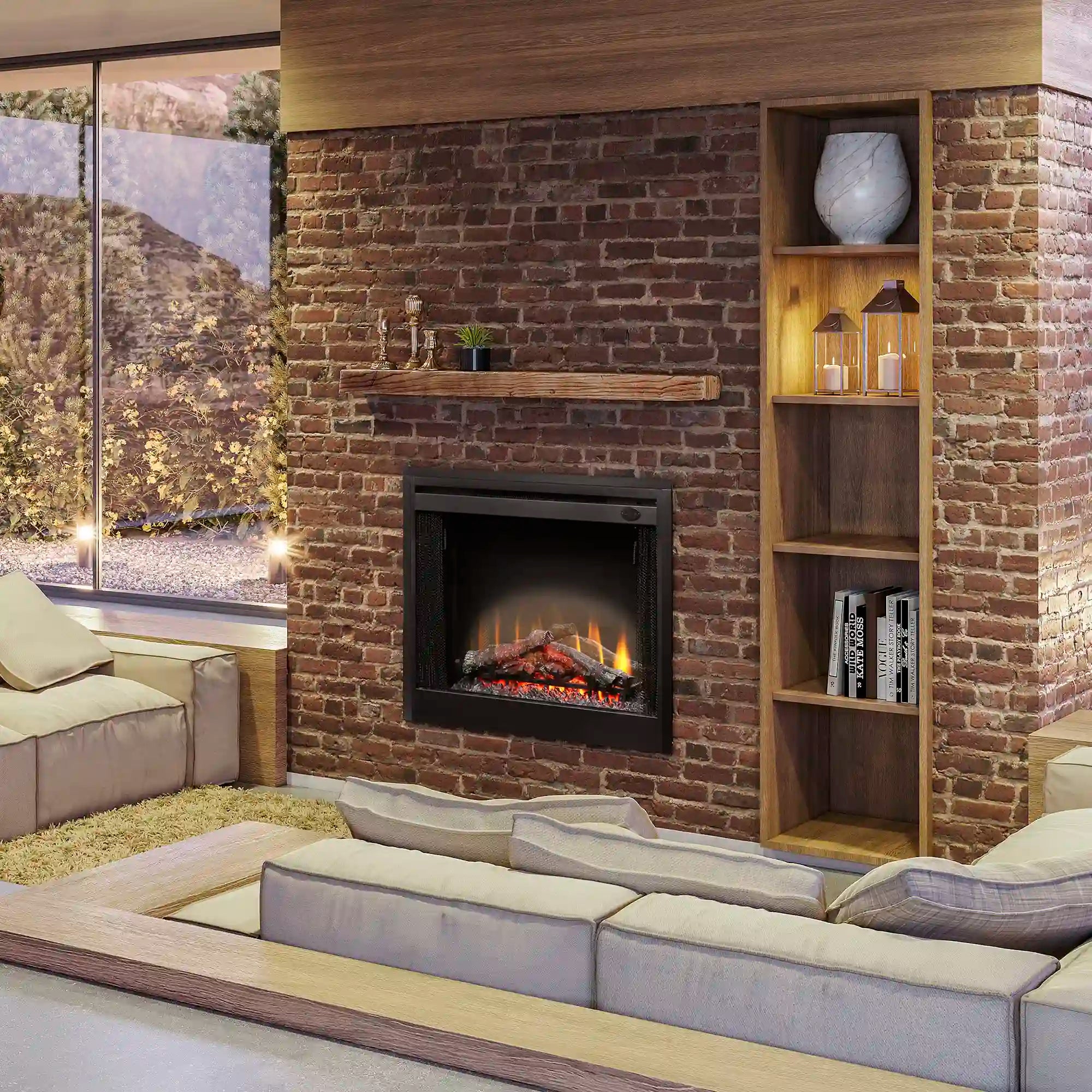 Black electric fireplace insert with glass front installed in brick surround, flames visible