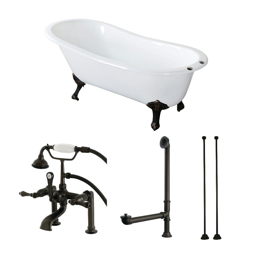 White oval single-slipper clawfoot tub with oil-rubbed bronze faucet, drain, supply lines