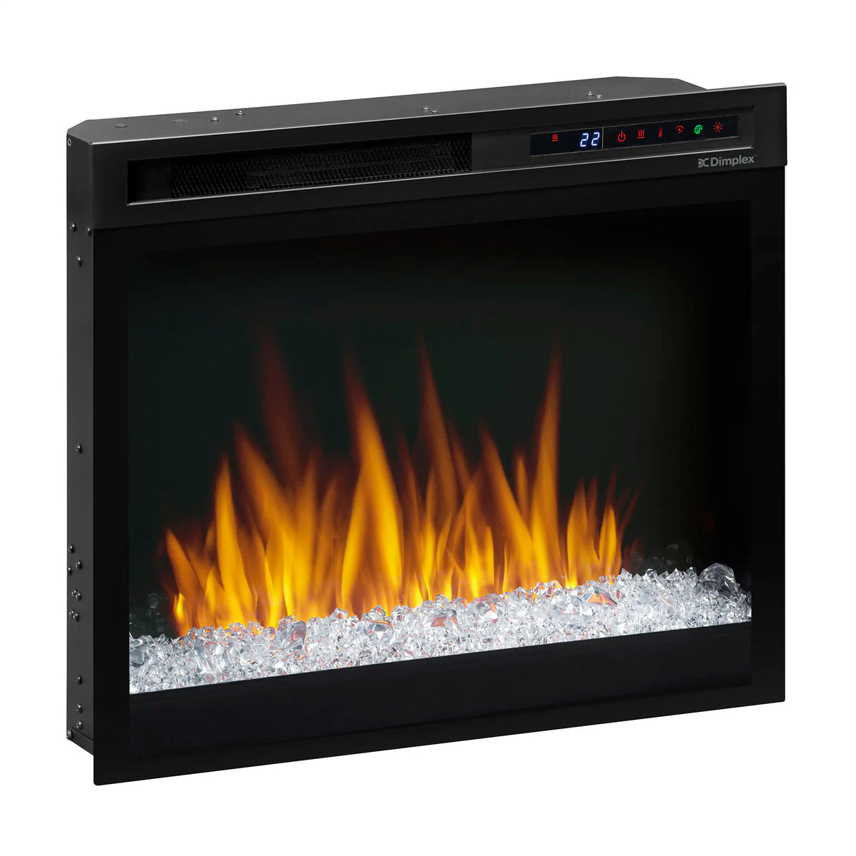 Black electric firebox front with control panel display and glowing flames