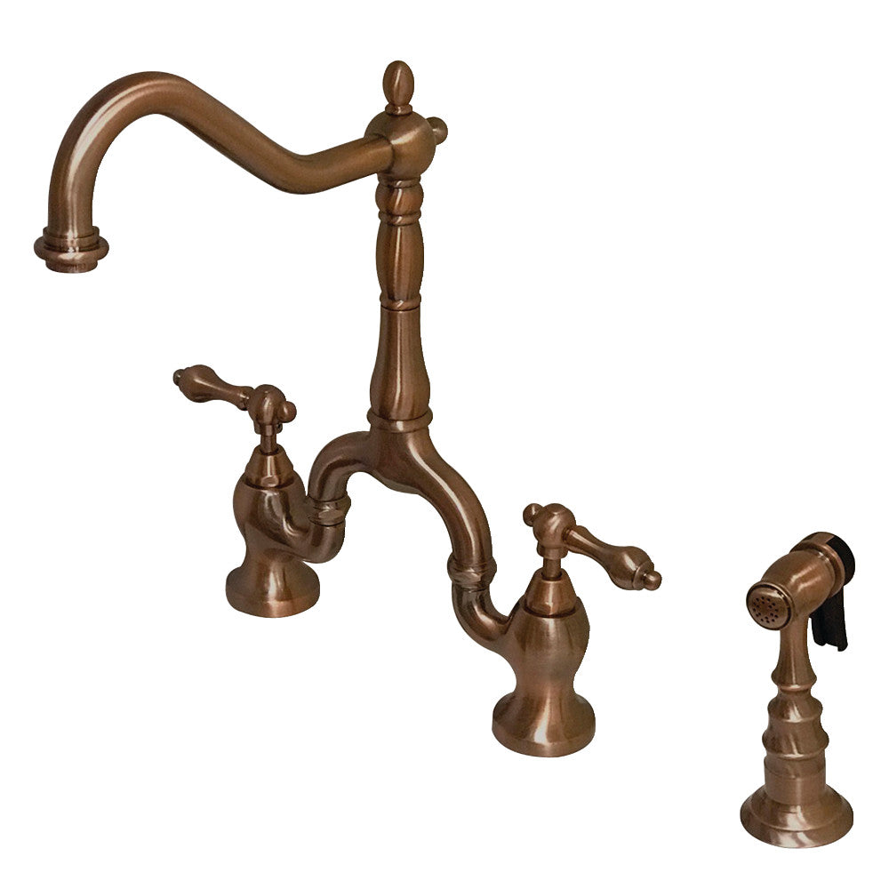 Antique copper bridge kitchen faucet with side sprayer and cross handles