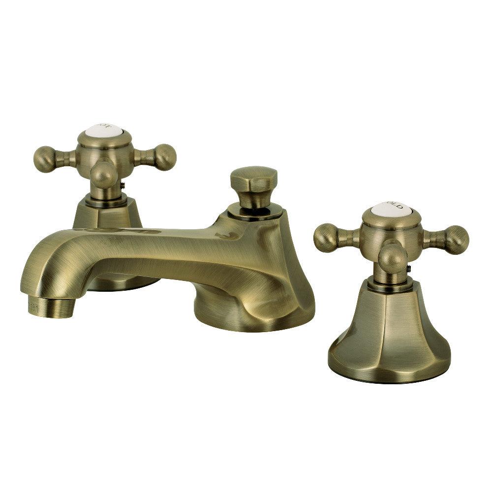 Antique brass widespread bathroom faucet set with two lever handles and pop-up drain