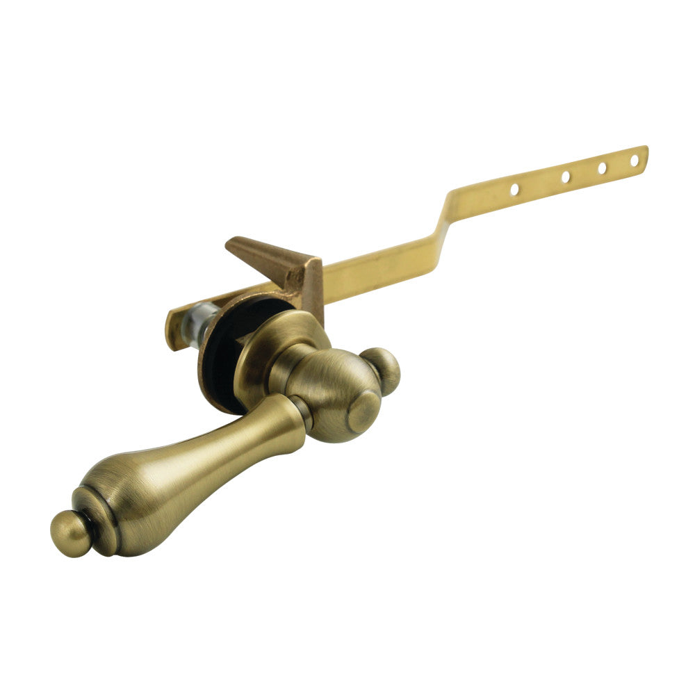 Antique brass front-mount toilet tank lever with mounting bracket and knob handle