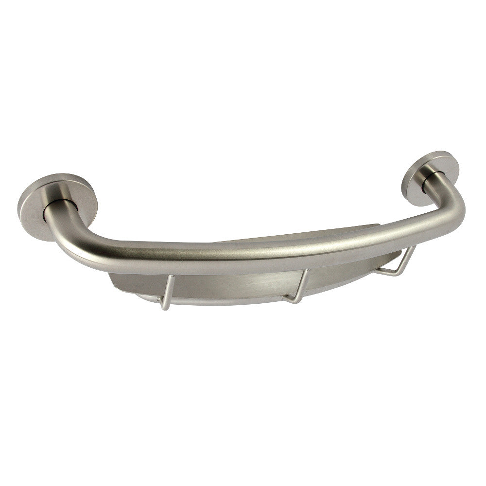 Brushed nickel stainless steel grab bar with shelf and wall mounts