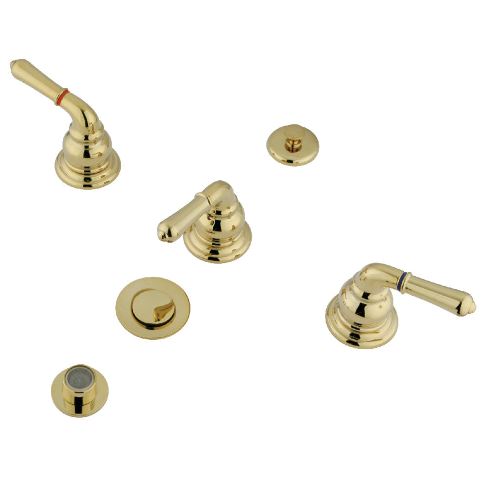 Polished brass three-handle bidet faucet set with pop-up drain and round handles