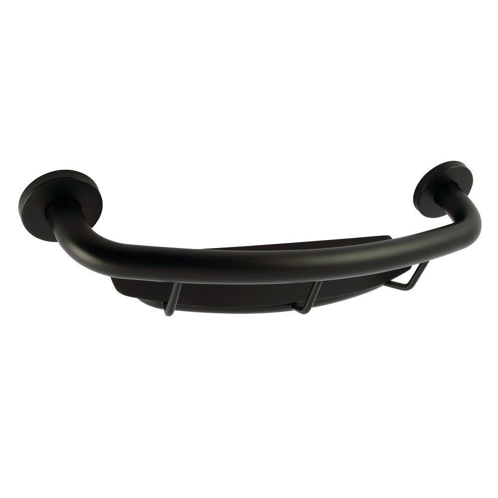 Matte black stainless steel grab bar with built-in shelf, curved