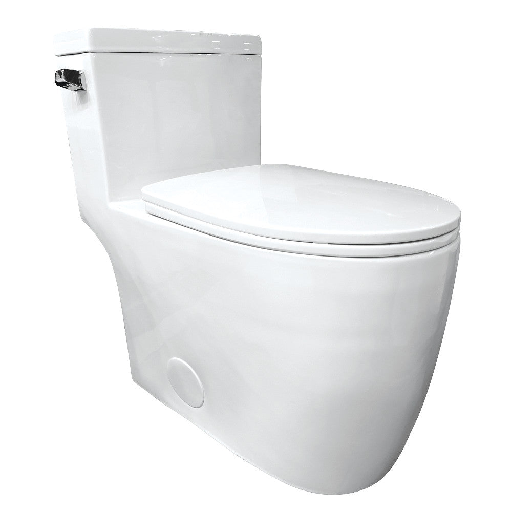 One-piece elongated toilet in white with closed seat and side flush lever