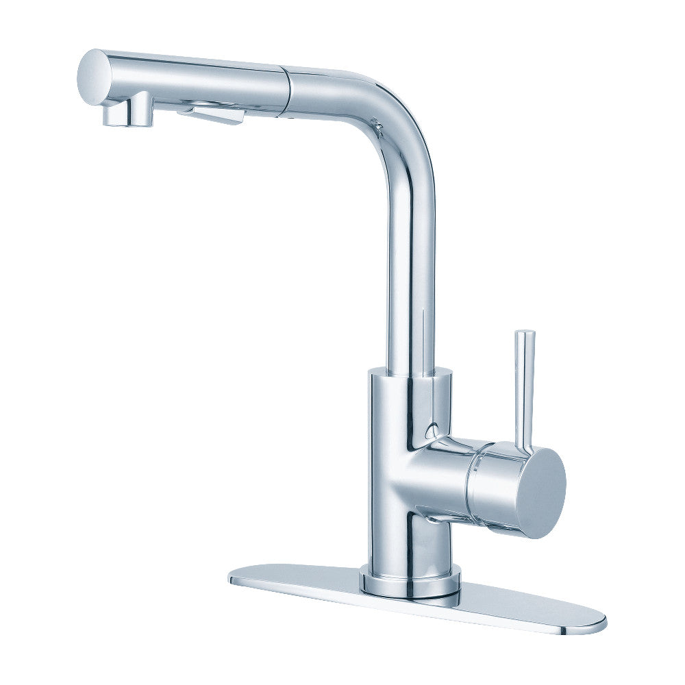 Polished chrome single-handle pull-out kitchen faucet with pull-down sprayer