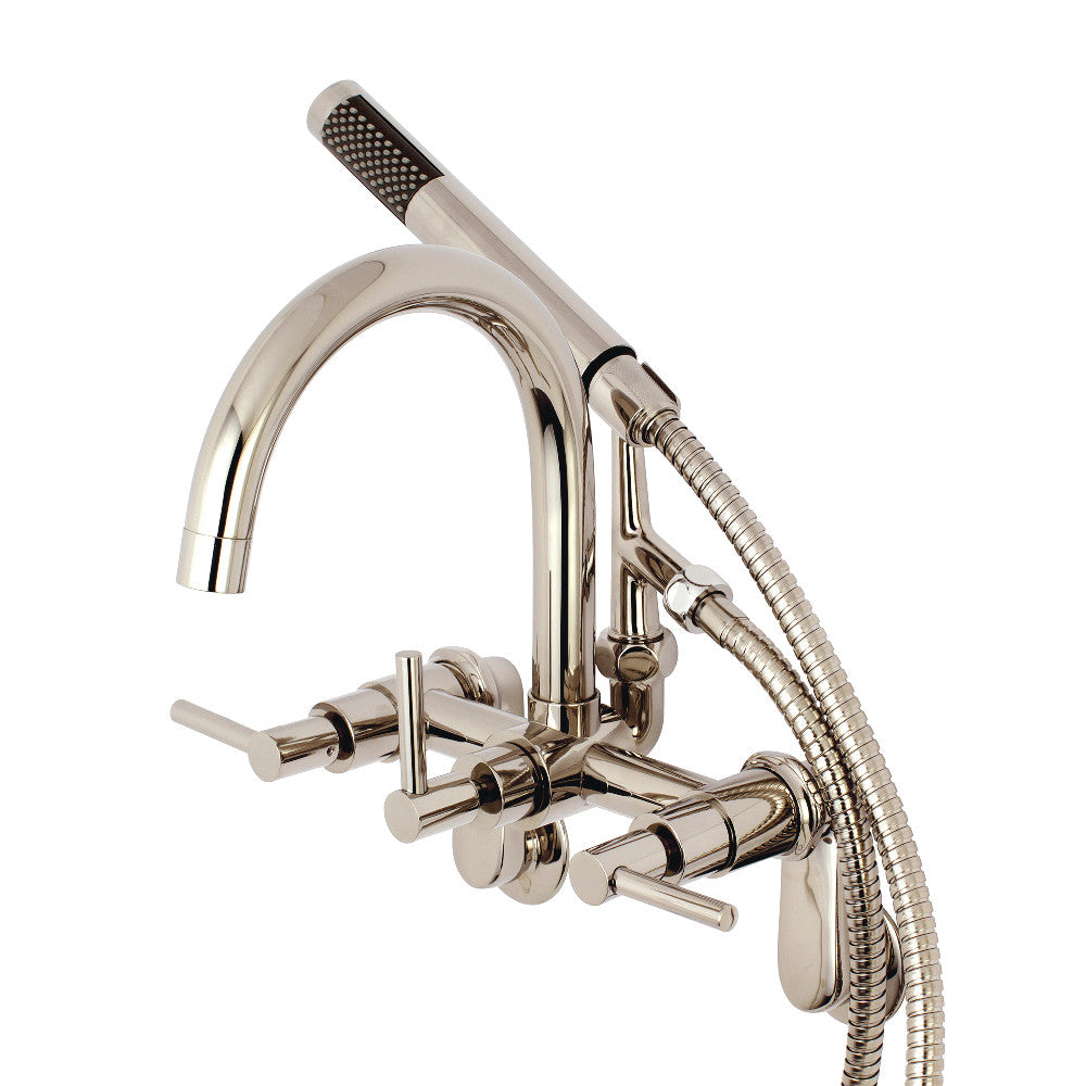 Polished nickel wall-mount tub faucet with hand shower and flexible hose